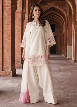 Off White Crepe Silk Embroidered Palazzo Suit