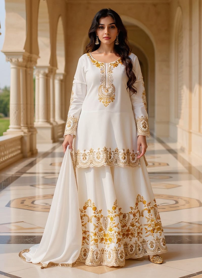Off White Crepe Silk Sequins Embroidered Palazzo Suit