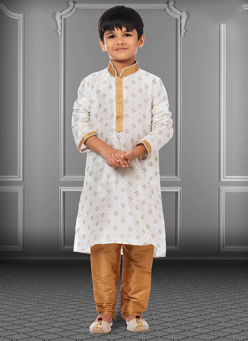 Off White Dhupion Silk Foil Printed Boys Kurta Pyjama Party Wear