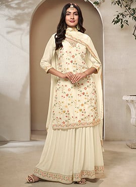 Off White Dola Silk Floral Meena Jacquard Work Sharara Suit