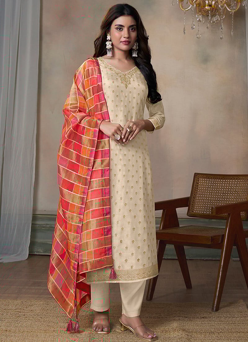 Off White Dola Silk Jacquard Woven Straight Pant Suit Festive Wear