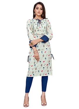 Off White Dola Silk Printed Work Knee Length Kurti