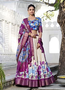 Off White Dola Silk Zari And Printed Umbrella Lehenga