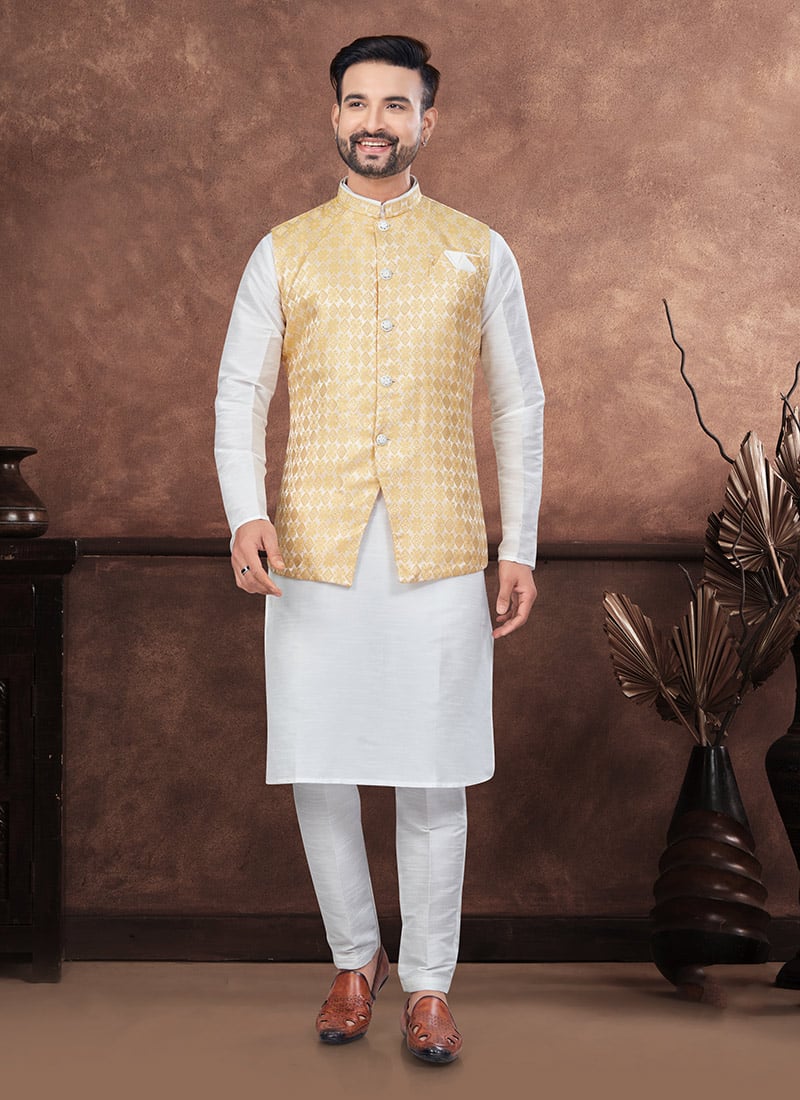 Off White Dupion Silk Jacquard Banarasi Bandi Set Festive Wear