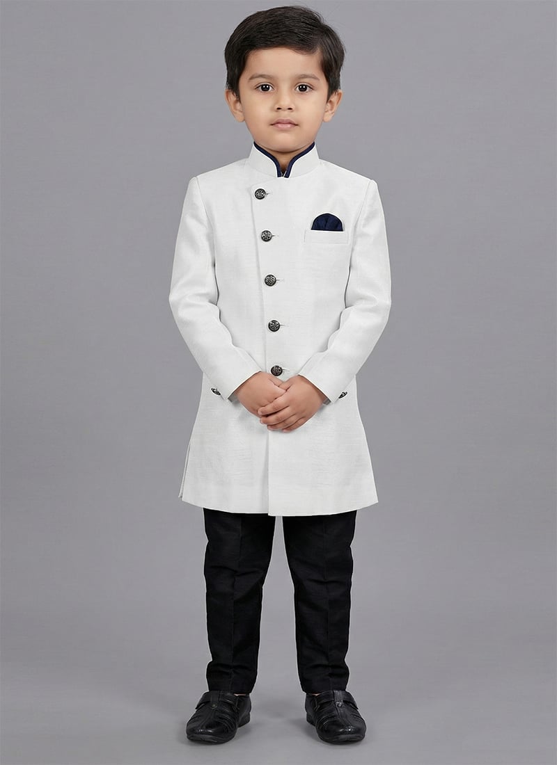 Off White Dupion Silk Kids Boys Indowestern Sherwani Festive Wear