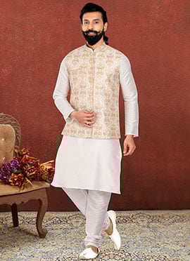 Off White Dupion Silk Printed Bandi Set