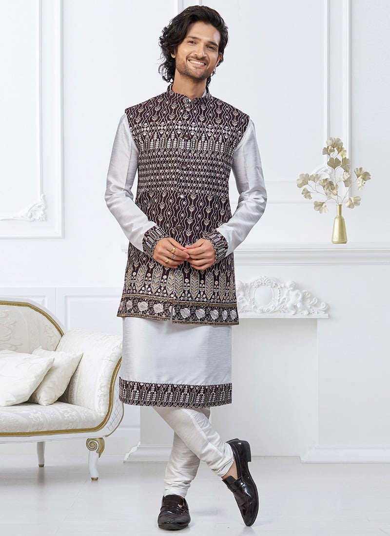 Off white Dupion Silk Thread Embroidered Sequins And Zari Bandi Set Festive Wear