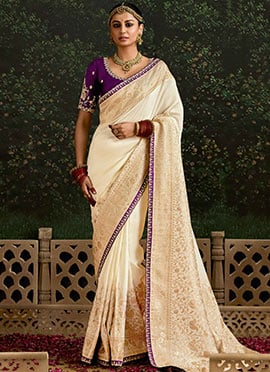 Off White Embroidered And Sequins Thread Work Saree