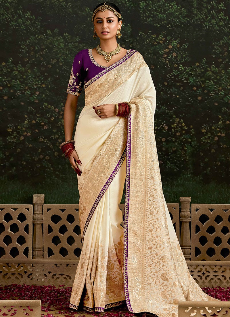 Off White Embroidered And Sequins Thread Work Saree Wedding Wear