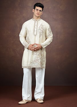 Off White Embroidered Beaded Silk Kurta Pyjama