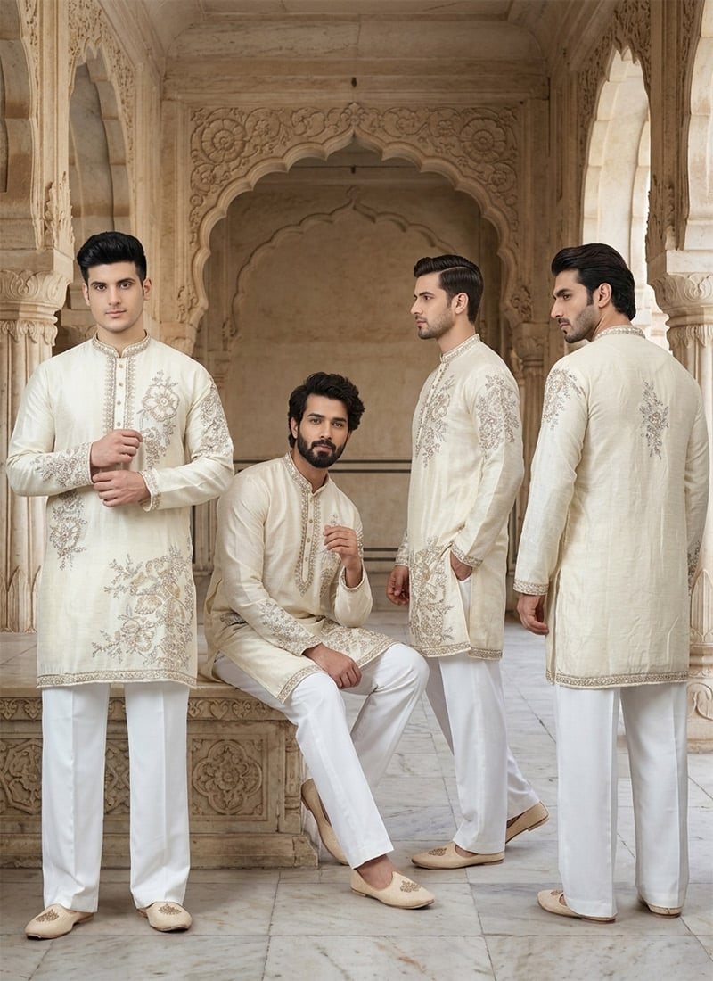 Off White Embroidered Beaded Silk Kurta Pyjama Festive Wear