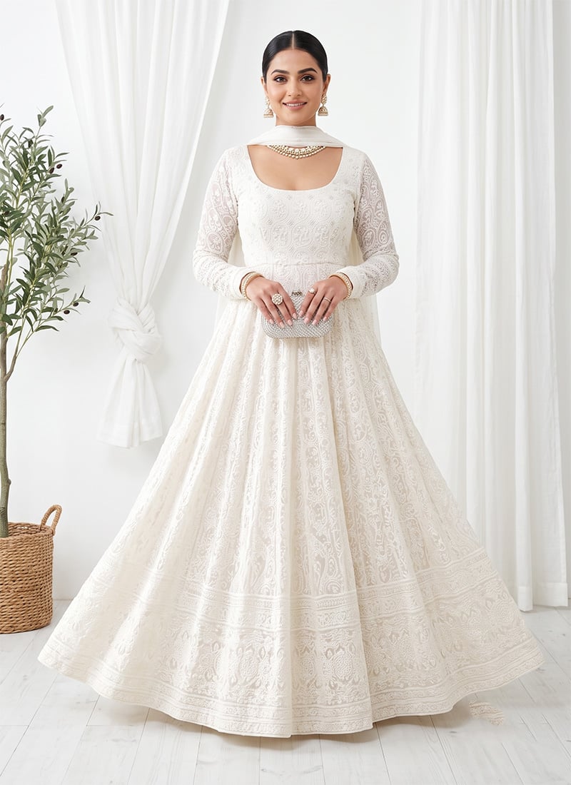 Off White Embroidered Georgette Anarkali Suit Festive Wear