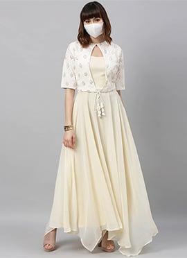 Off White Embroidered Jacket Style Gown