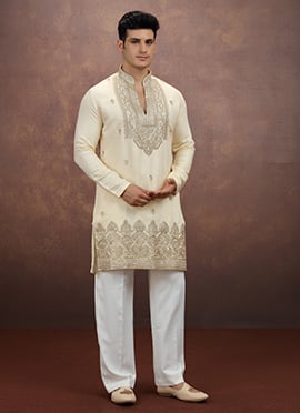 Off White Embroidered Sequined Silk Kurta Pyjama