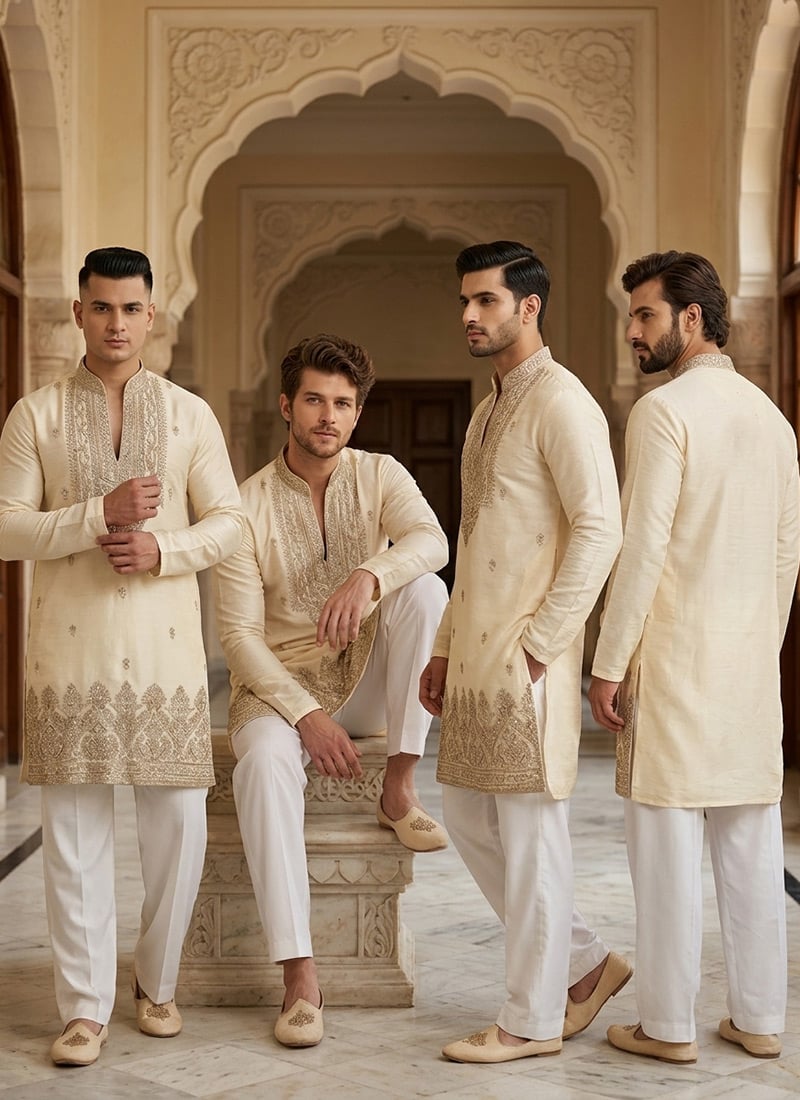 Off White Embroidered Sequined Silk Kurta Pyjama Festive Wear