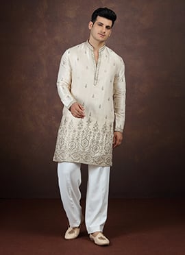 Off White Embroidered Sequined Silk Kurta Pyjama