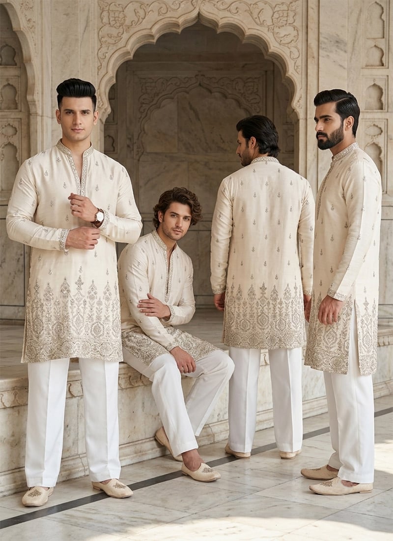 Off White Embroidered Sequined Silk Kurta Pyjama Festive Wear