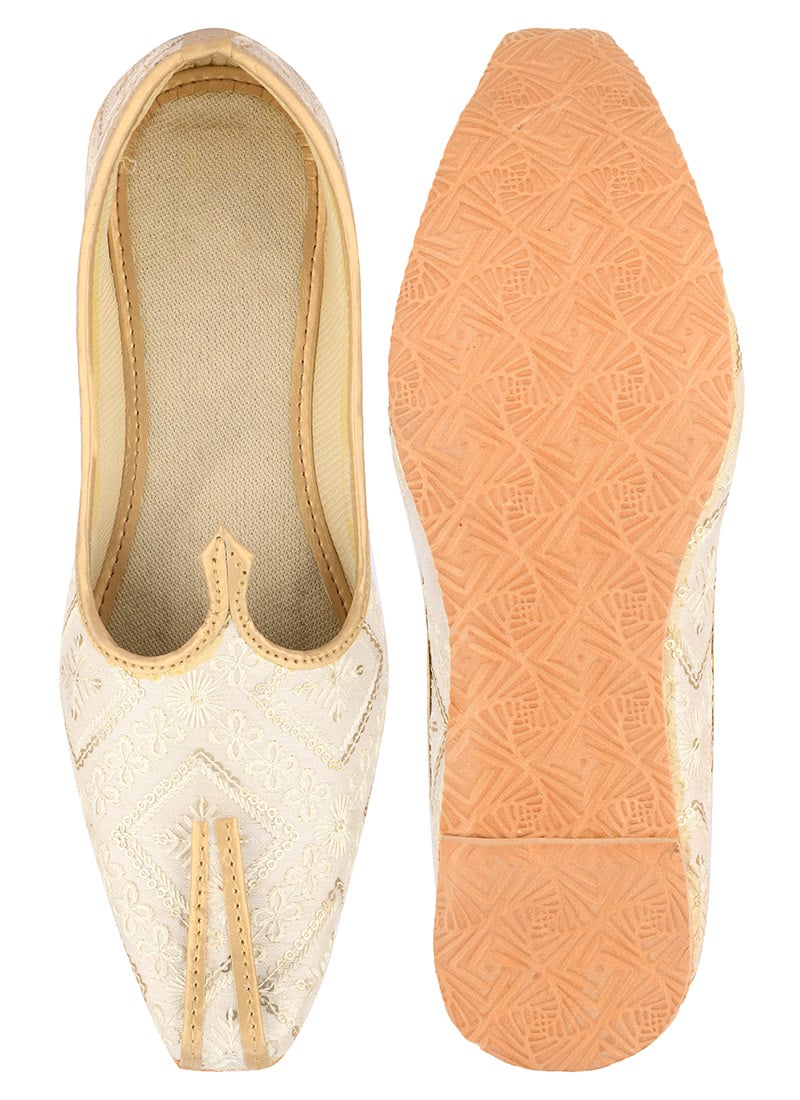Off White Embroidered Sequins Mojri