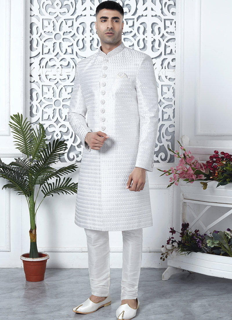 Off White Embroidered Silk Classic Sherwani Party Wear