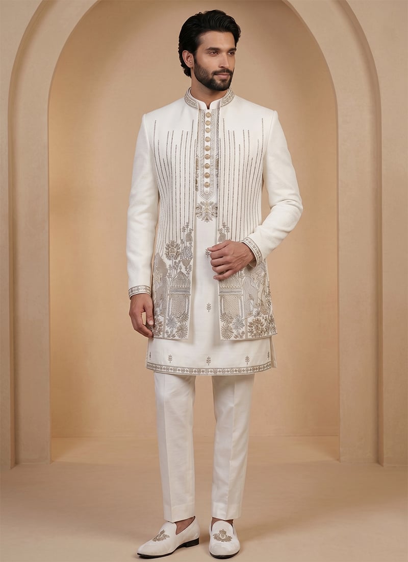 Off White Embroidered Silk Indowestern Sherwani Wedding Wear
