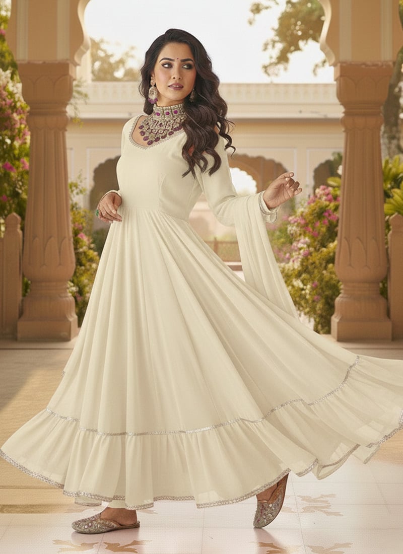 Off White Faux Georgette Anarkali Suit Festive Wear