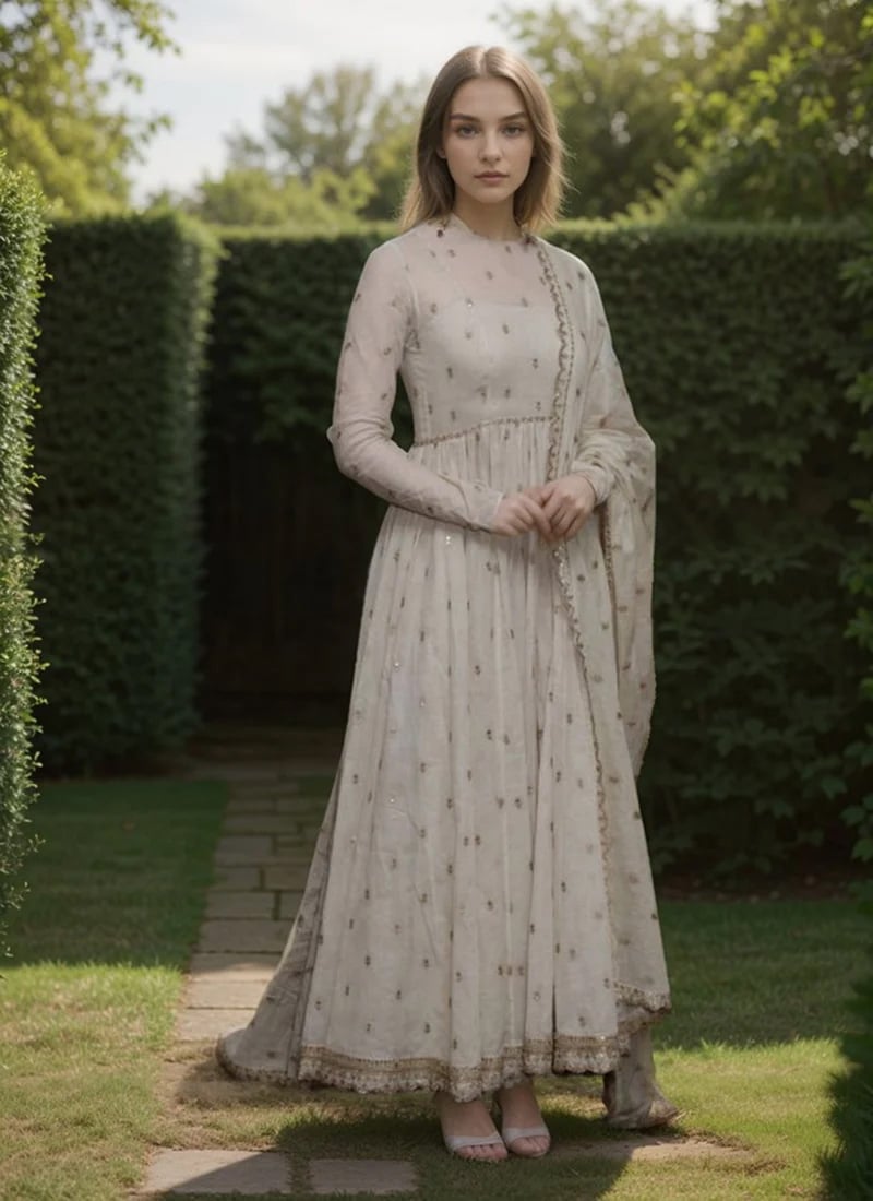 Off White Faux Georgette Cut Dana Hand Embroidered Sequins Anarkali Suit
