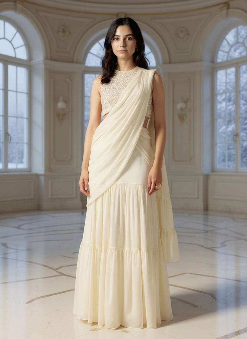 Off White Faux Georgette Cutdana Sequins Zari Hand Embroidered Lehenga Saree Wedding Wear