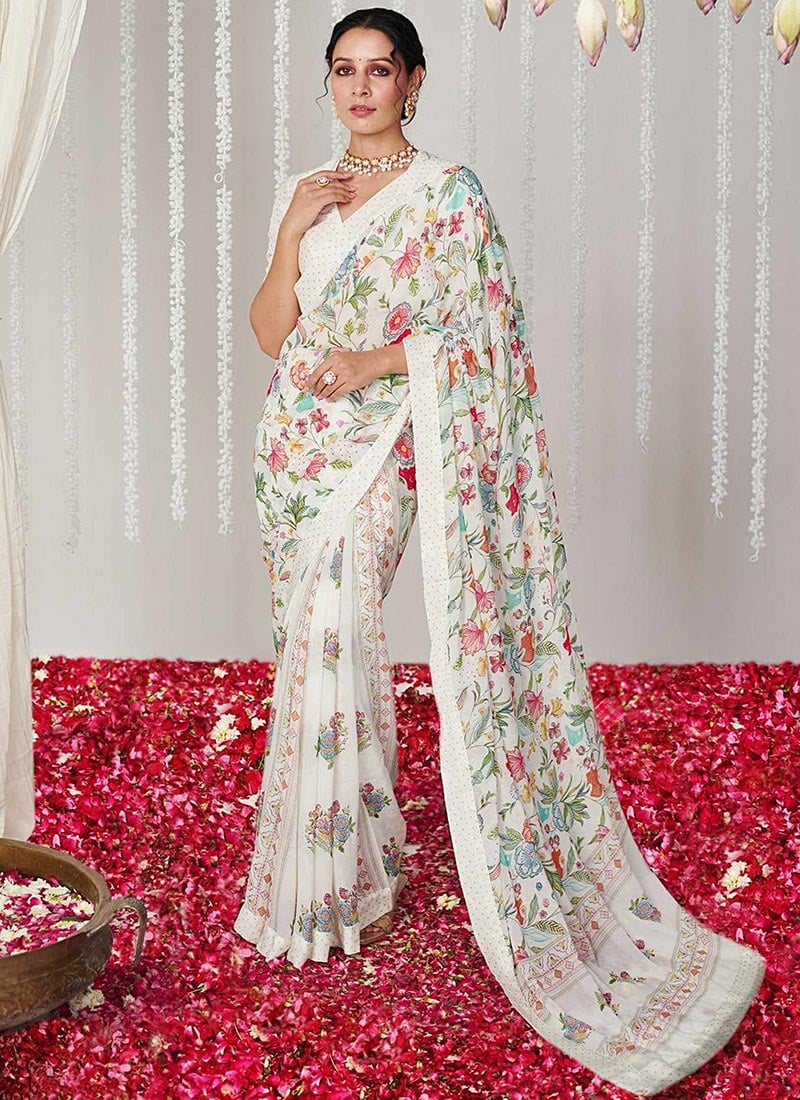 Off White Faux Georgette Digital Print Saree