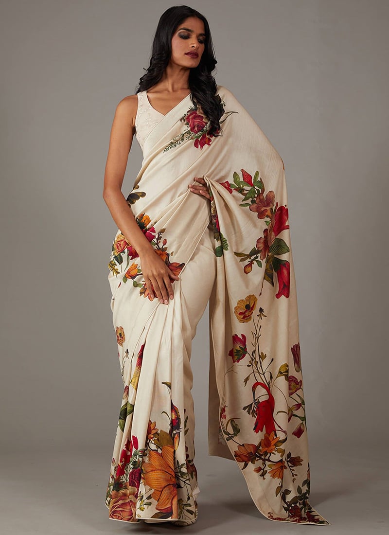 Off White Faux Georgette Digital Print Saree