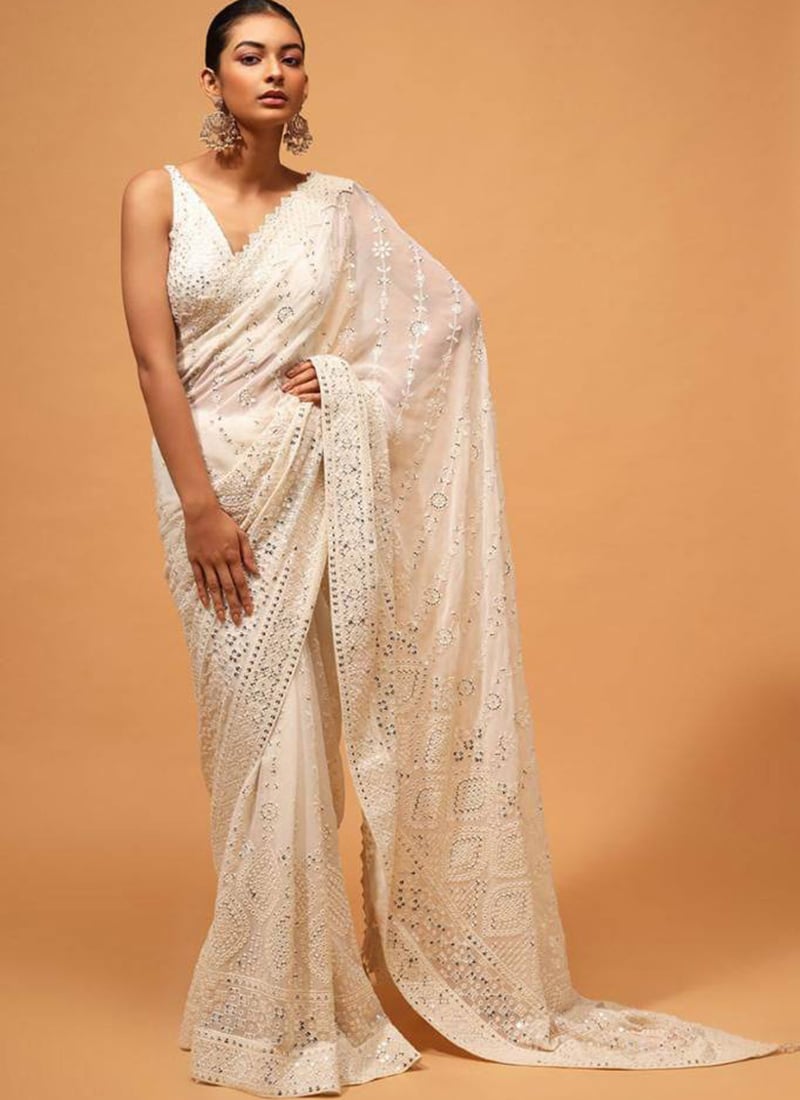 Off White Faux Georgette Embroidered And Sequins Saree Wedding Wear