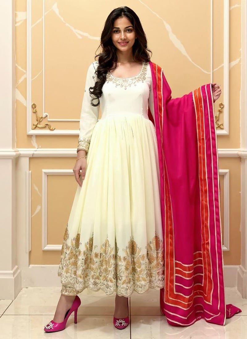 Off White Faux Georgette Embroidered Sequins Anarkali Suit Festive Wear