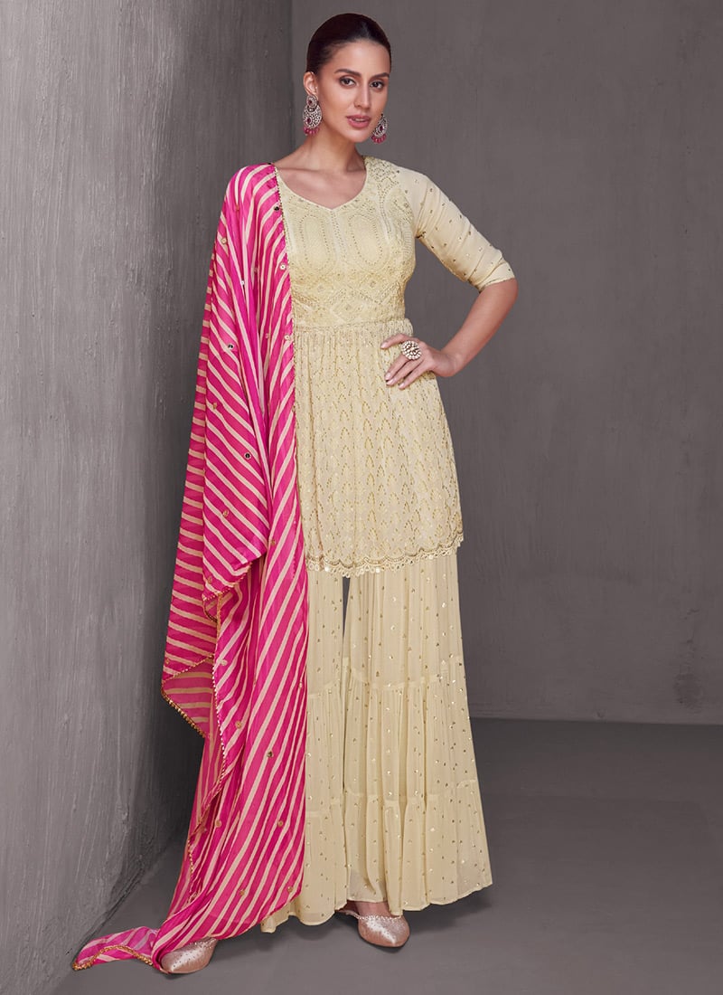 Off White Faux Georgette Embroidered Sequins Classy Palazzo Suit Festive Wear