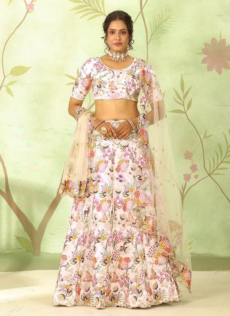Off White Faux Georgette Embroidered Sequins Lehenga Wedding Wear