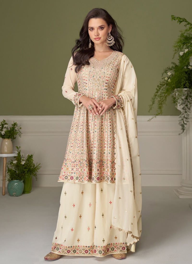 Off White Faux Georgette Embroidered Sequins Mirror Work Hand Work Palazzo Suit Festive Wear