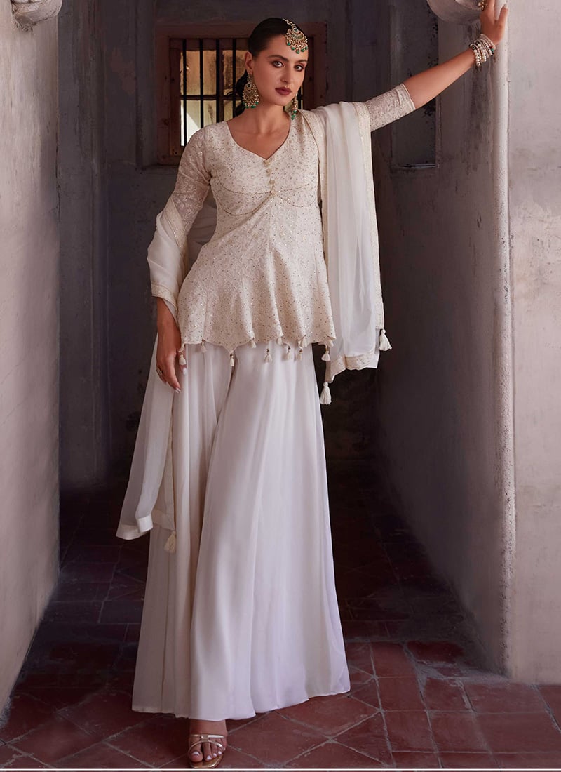 Off White Faux Georgette Embroidered Stone Palazzo Suit With Dupatta Party Wear