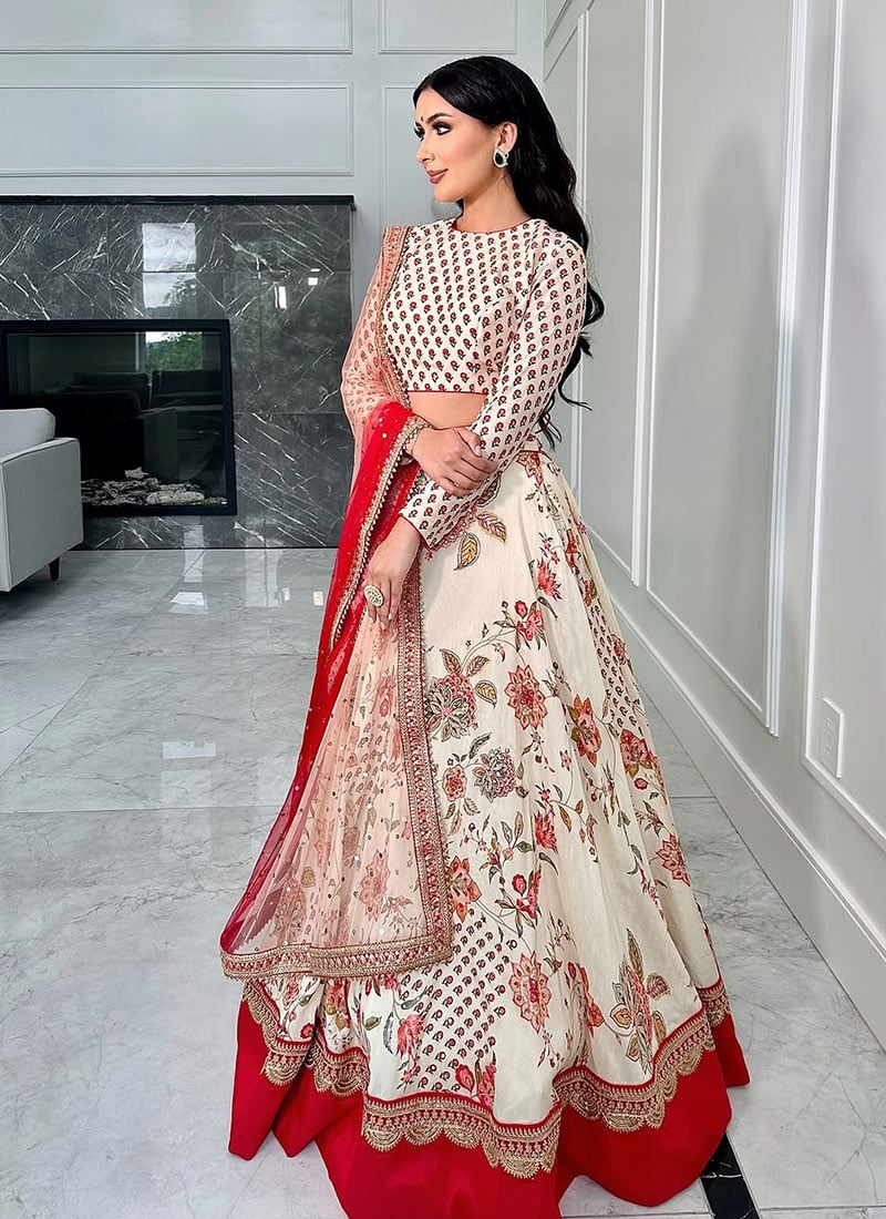 Off White Faux Georgette Sequins Embroidered Digital Print Umbrella Lehenga Festive Wear