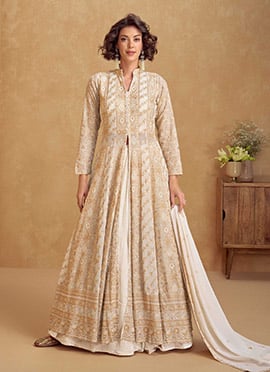 Off White Faux Georgette Zari Embroidered Sequins Anarkali Lehenga Wedding Wear