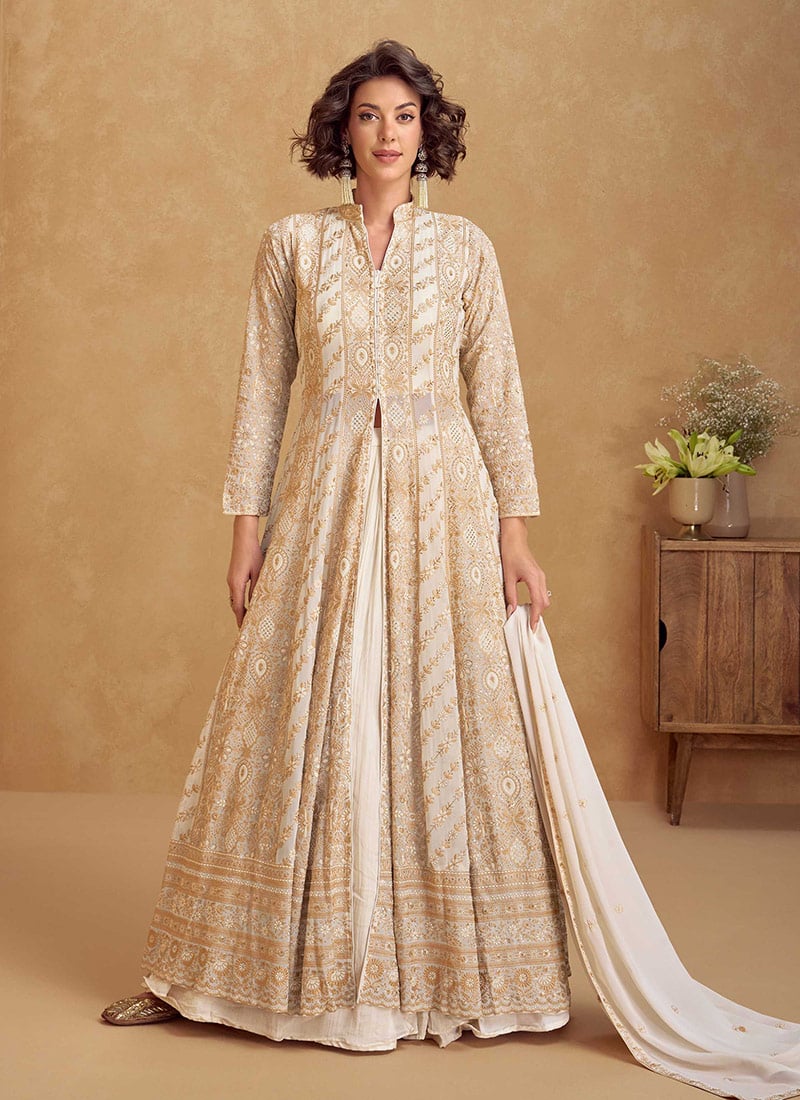Off White Faux Georgette Zari Embroidered Sequins Anarkali Lehenga Wedding Wear