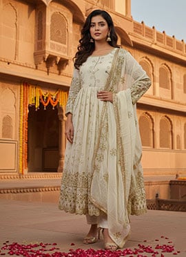 Off White Faux Georgette Zari Embroidered Sequins Anarkali Suit