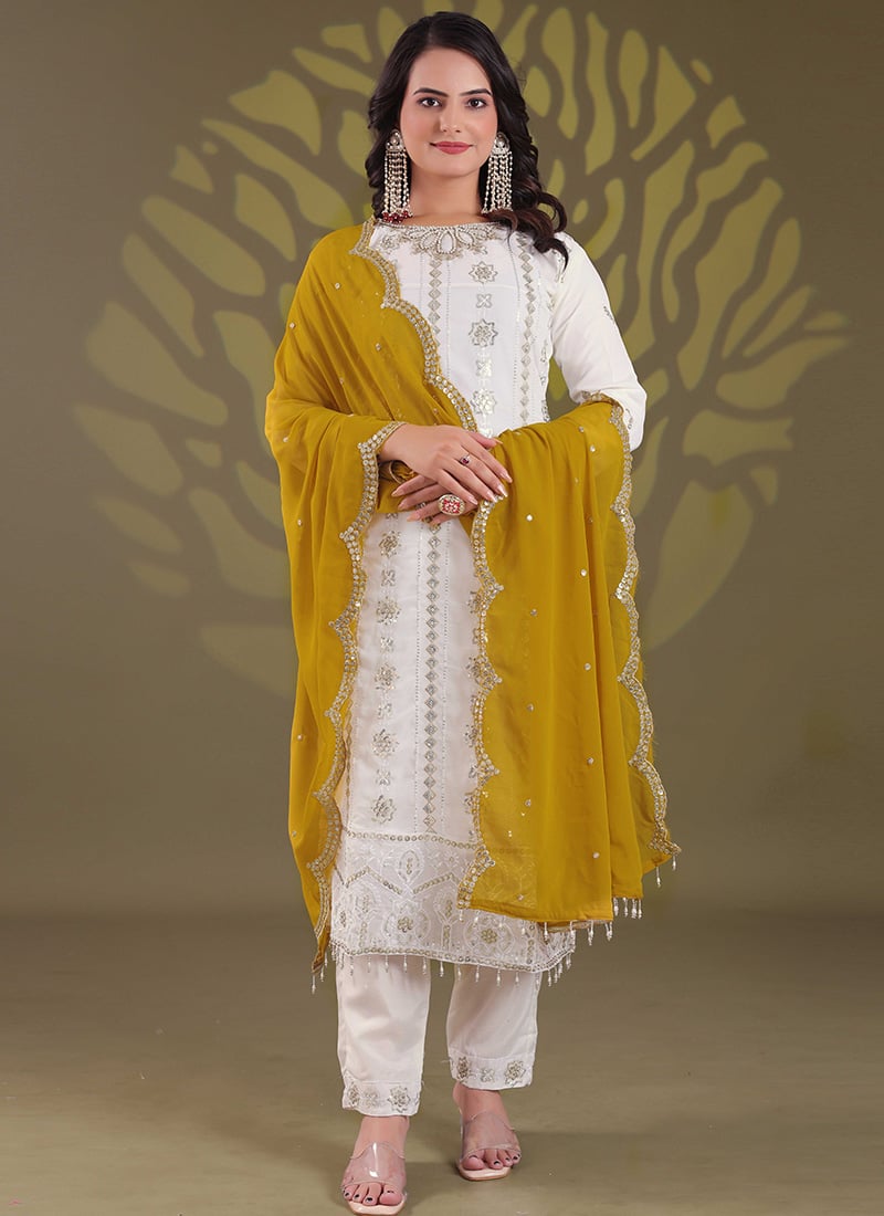 Off White Faux Georgette Zari Embroidered Sequins With Beads Work Straight Pant Suit Festive Wear