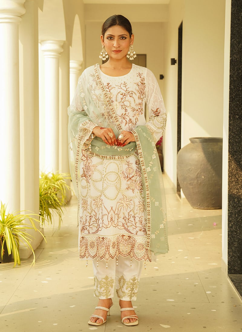 Off White Faux Georgette Zari Embroidered Stone Work Straight Pant Suit Festive Wear