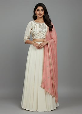 Off White Faux Georgette Zari Sequins Hand Embroidered Lehenga Set