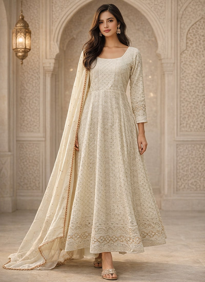 Off White Faux GeorgetteZari Embroidered Sequins Anarkali Suit Festive Wear