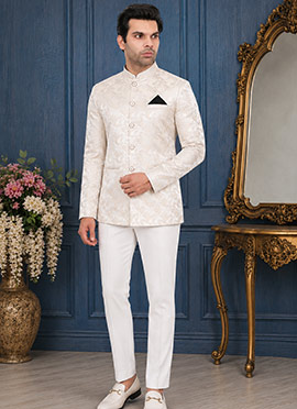 Off White Floral Jacquard Silk Jodhpuri Suit For Men