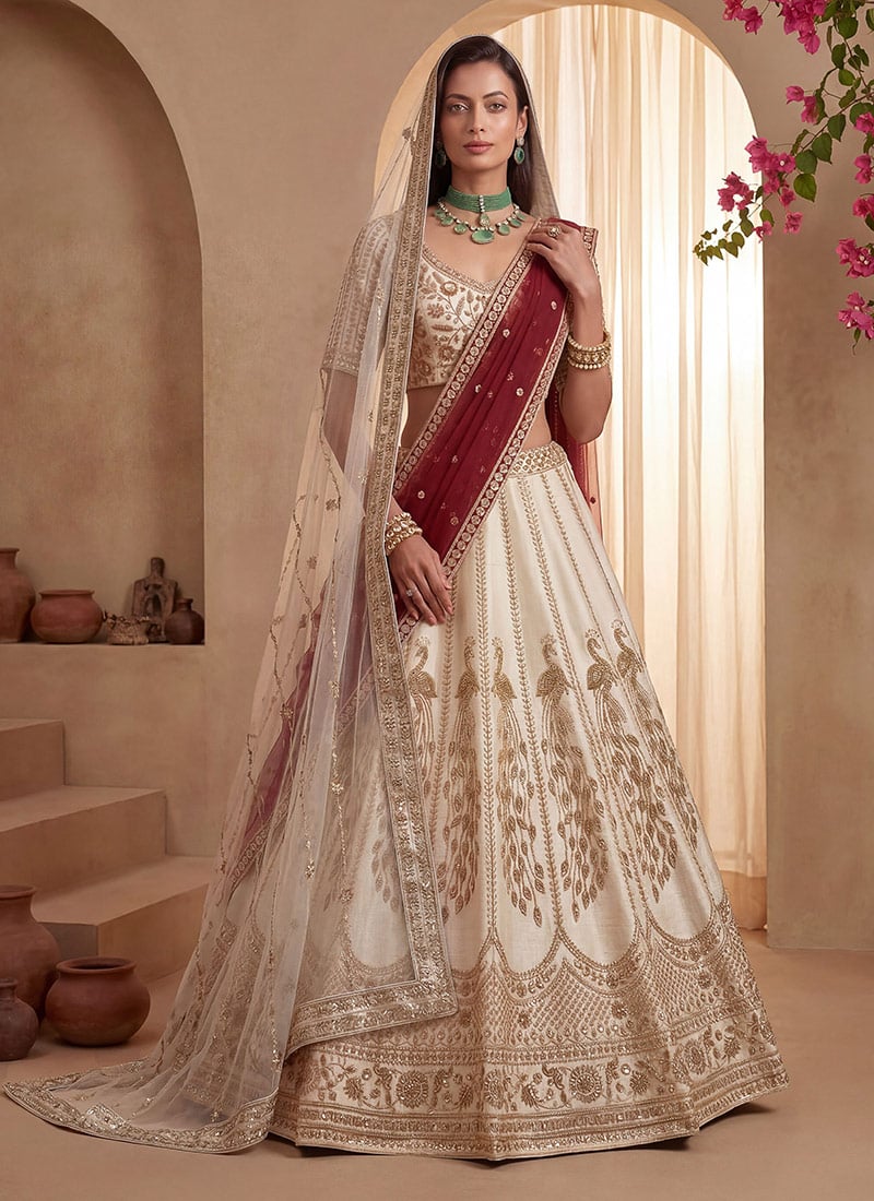 Off White Gadhwal Silk Hand Embroidered Sequins Lehenga Wedding Wear