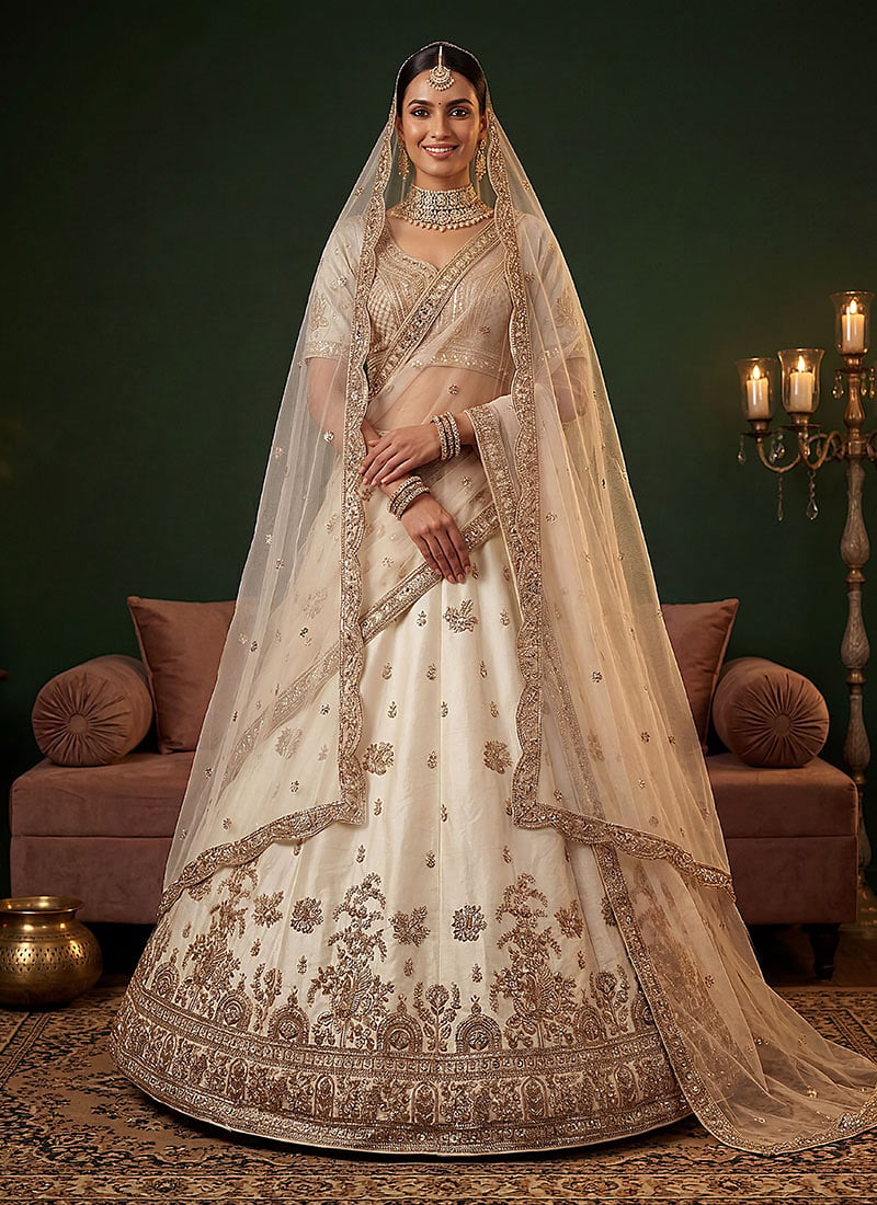 Off White Gadwal Silk Zari Embroidered Sequins With Beads Work Lehenga Wedding Wear