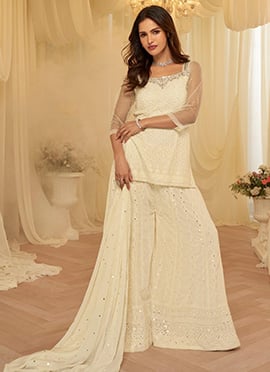 Off White Georgette Chikankari Work With Embroidered Sequins Palazzo Suit