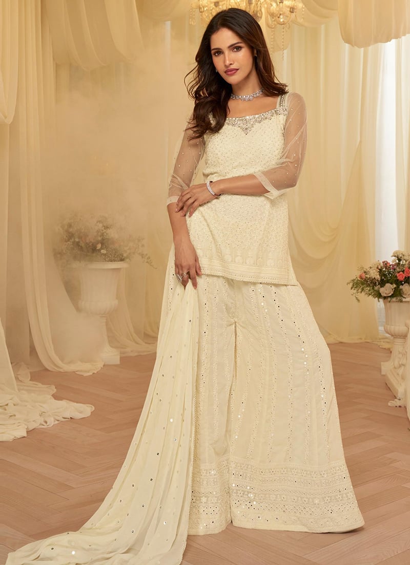 Off White Georgette Chikankari Work With Embroidered Sequins Palazzo Suit Festive Wear