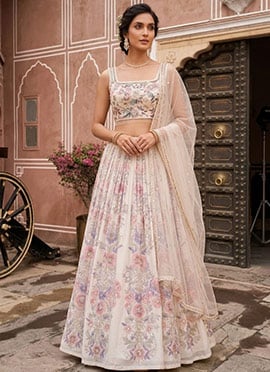 Off White Georgette Cutdana Resham Sequins Embroidered Digital Print Lehenga