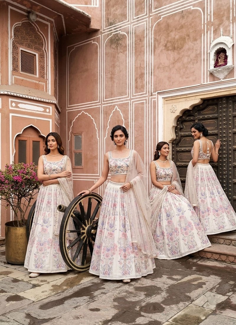 Off White Georgette Cutdana Resham Sequins Embroidered Digital Print Lehenga Wedding Wear